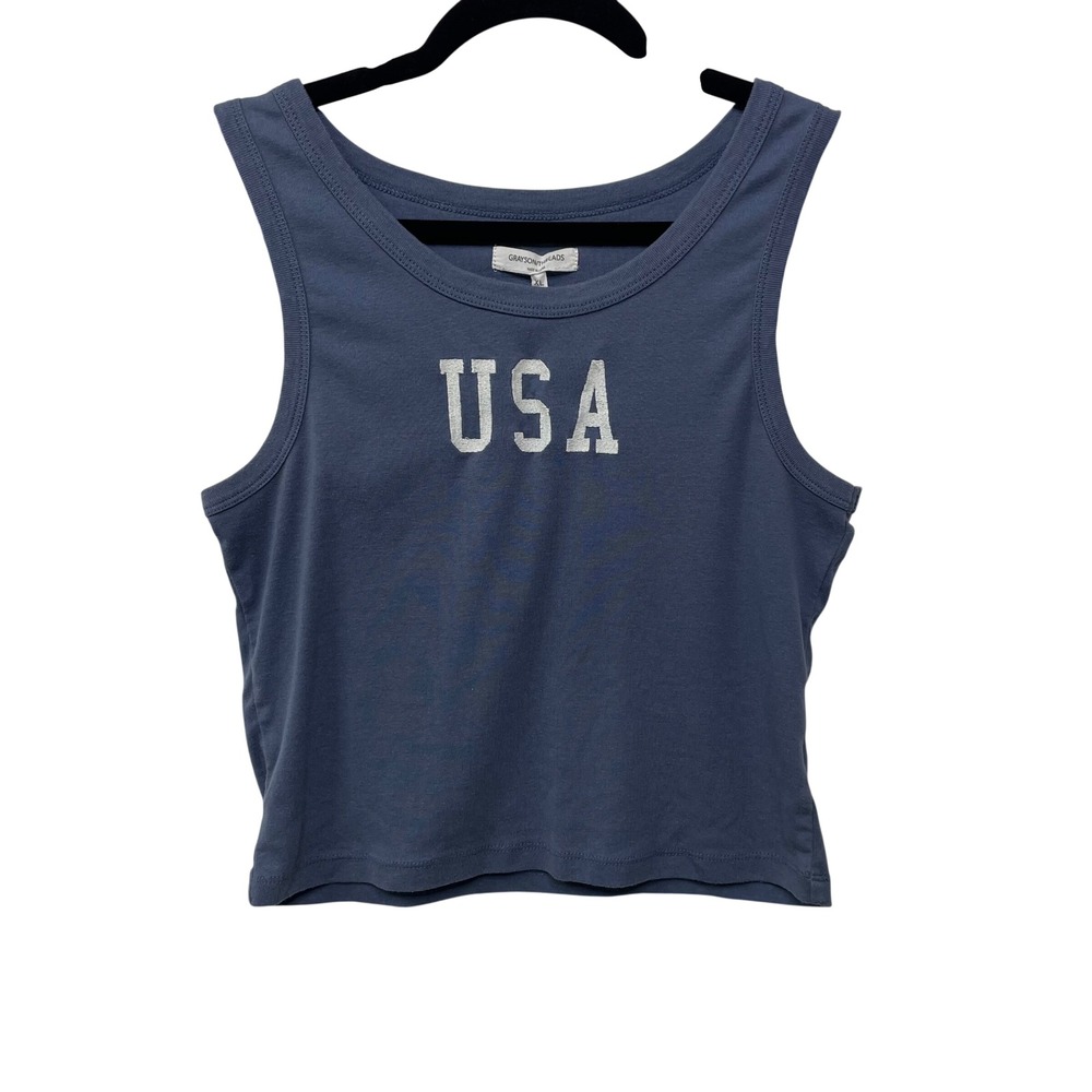 Grayson Threads USA Embroidered Crop Tank Top Muted Navy Blue Juniors XL Y2K